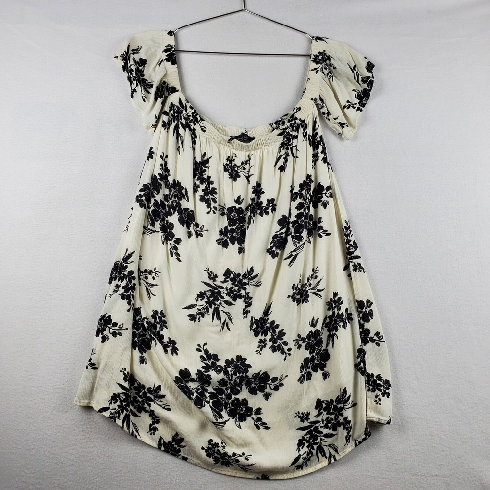 Final Touch Top Women's Small Ivory Black Floral Peasant Off The Shoulder Knit